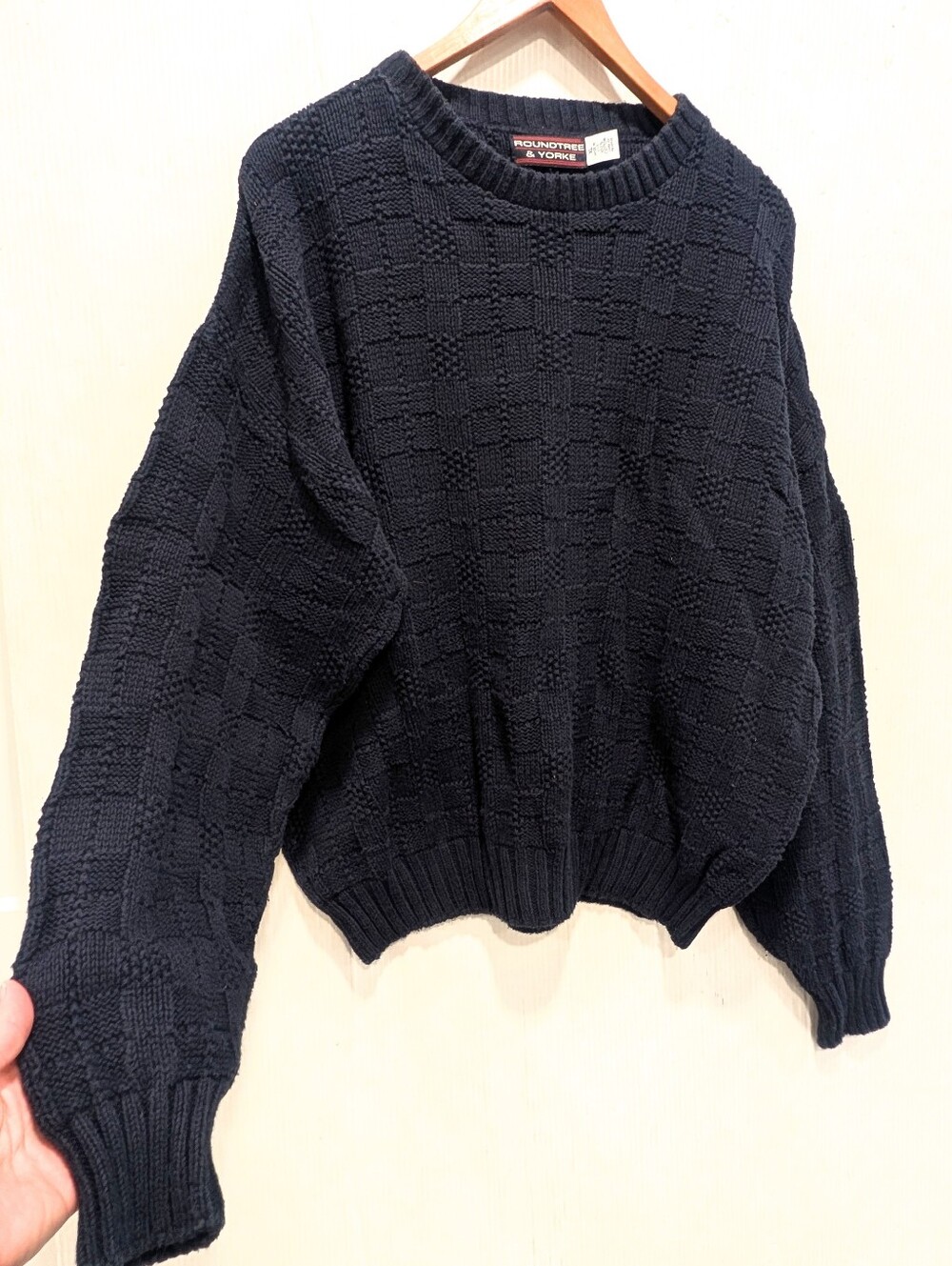 ROUNDTREE & YORKE Mens Navy Blue 100% Cotton Textured Knit Crewneck Sweater